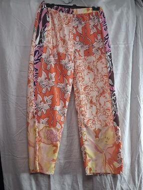 Wide Leg Patchwork Floral Pants in Orange - Unbranded